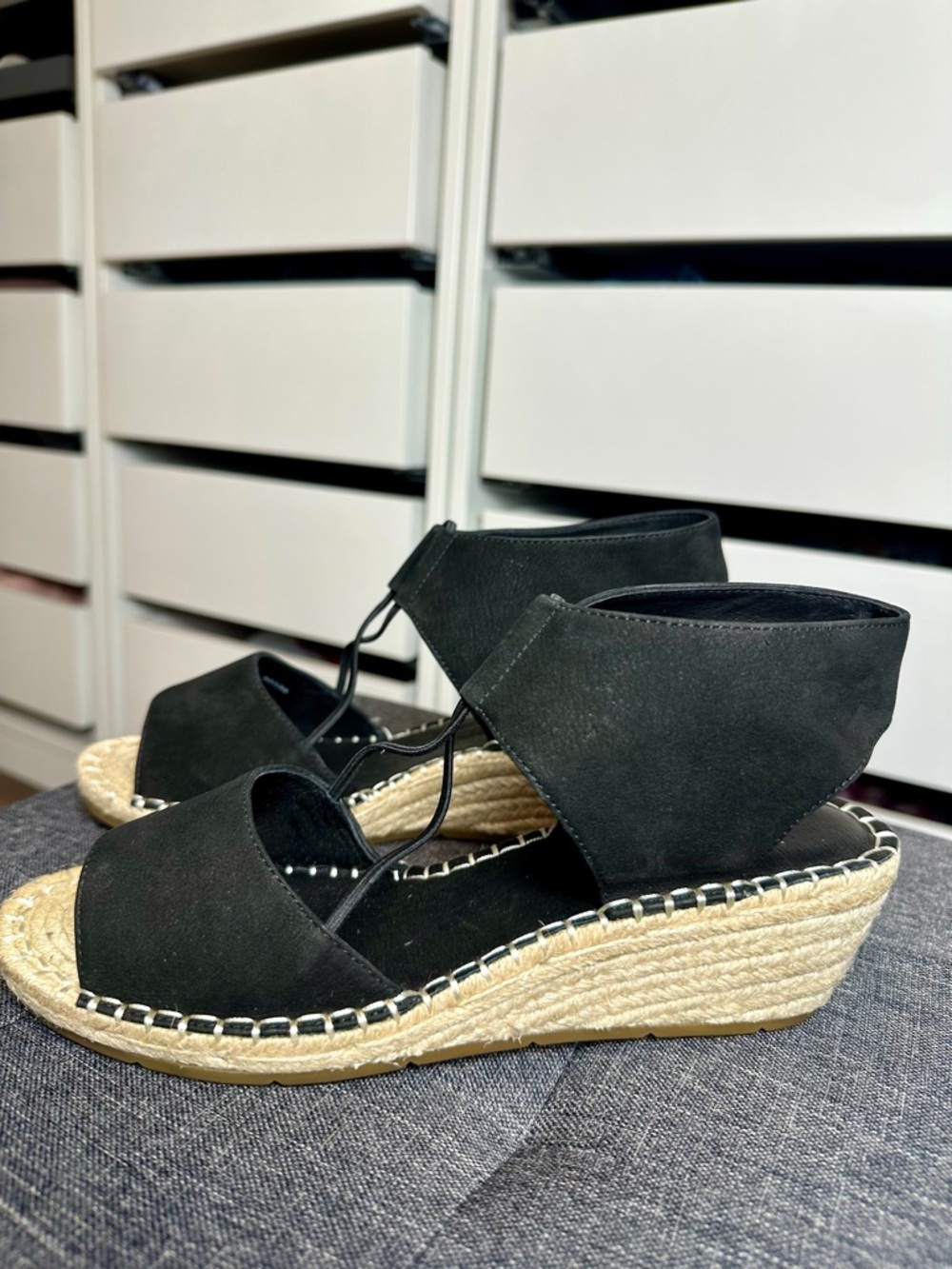 Eileen Fisher Black Leather Espadrille Wedge Sandals Size 9 NWT Platform Jute